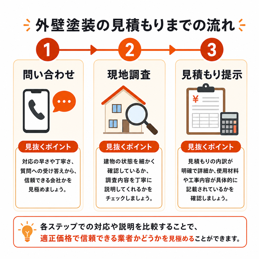 問い合わせ 現地調査 見積もり提示の3場面で見る業者チェック図解