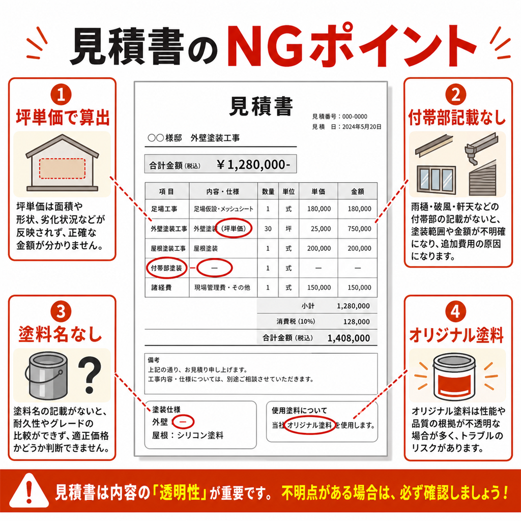 外壁塗装見積書のNGポイント4つの図解