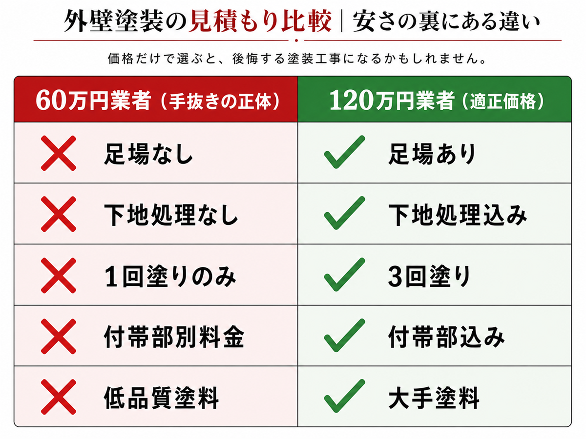 60万円業者 vs 120万円適正価格業者の比較 — 足場・下地・塗装回数・付帯部・塗料の違い