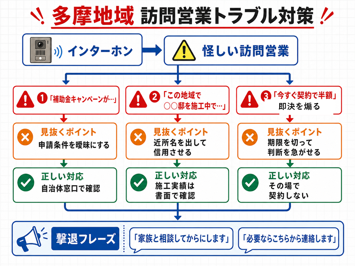 多摩地域で多い悪質訪問営業の3つの手口とそれぞれの撃退法フローチャート