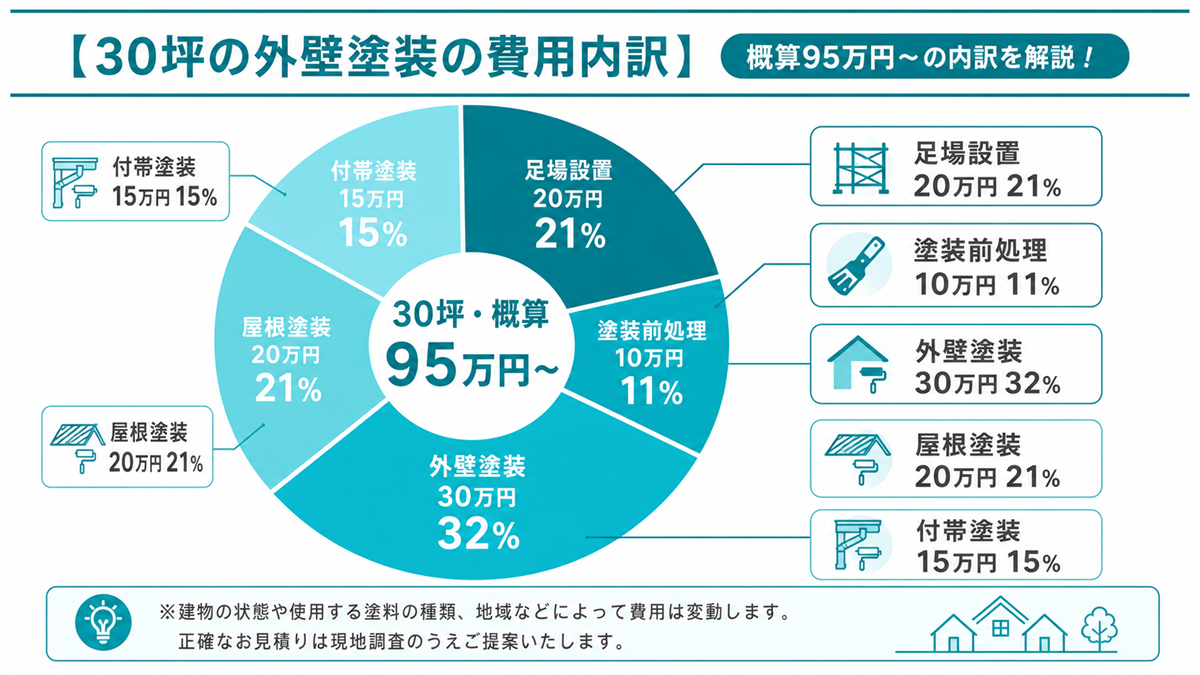 30坪戸建ての外壁塗装 見積5項目の費用内訳円グラフ