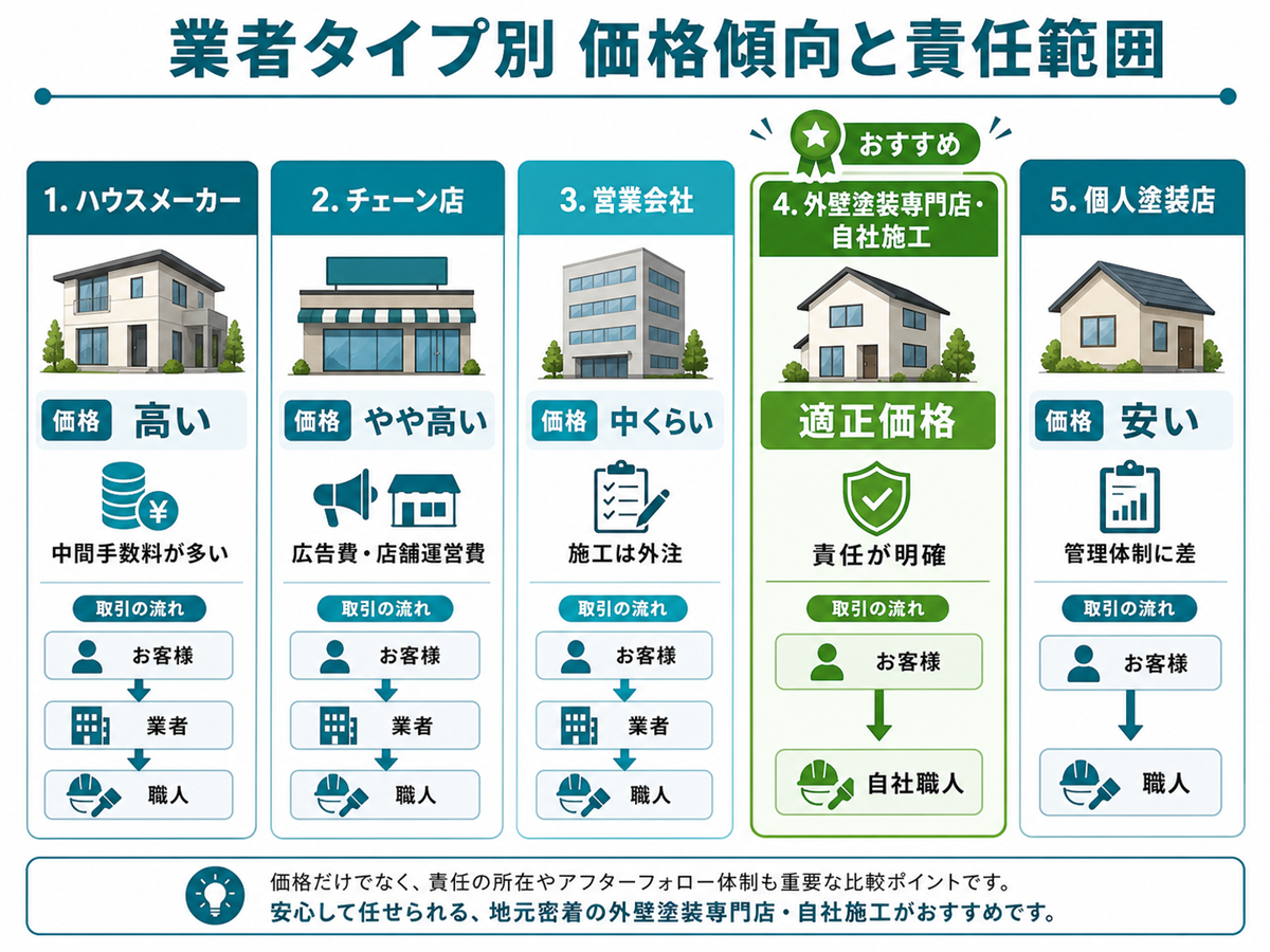 業者タイプ5種別の価格傾向と中間マージン比較