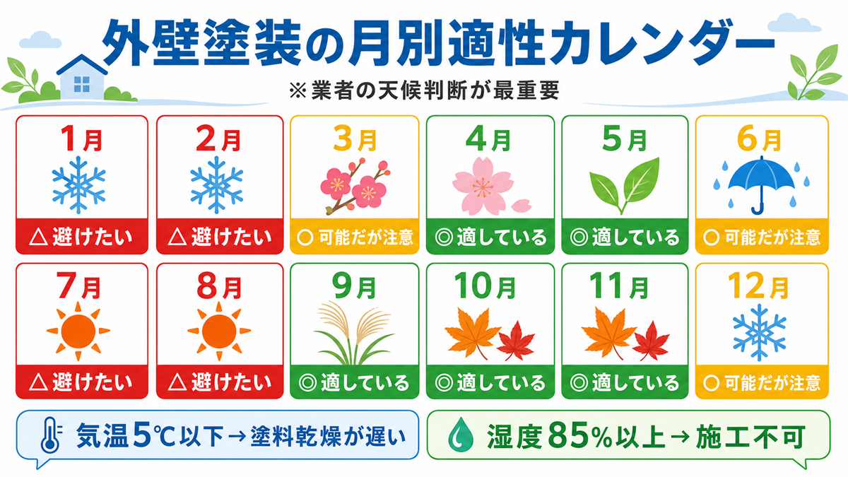 外壁塗装の月別適性カレンダー：12ヶ月を3段階で色分け